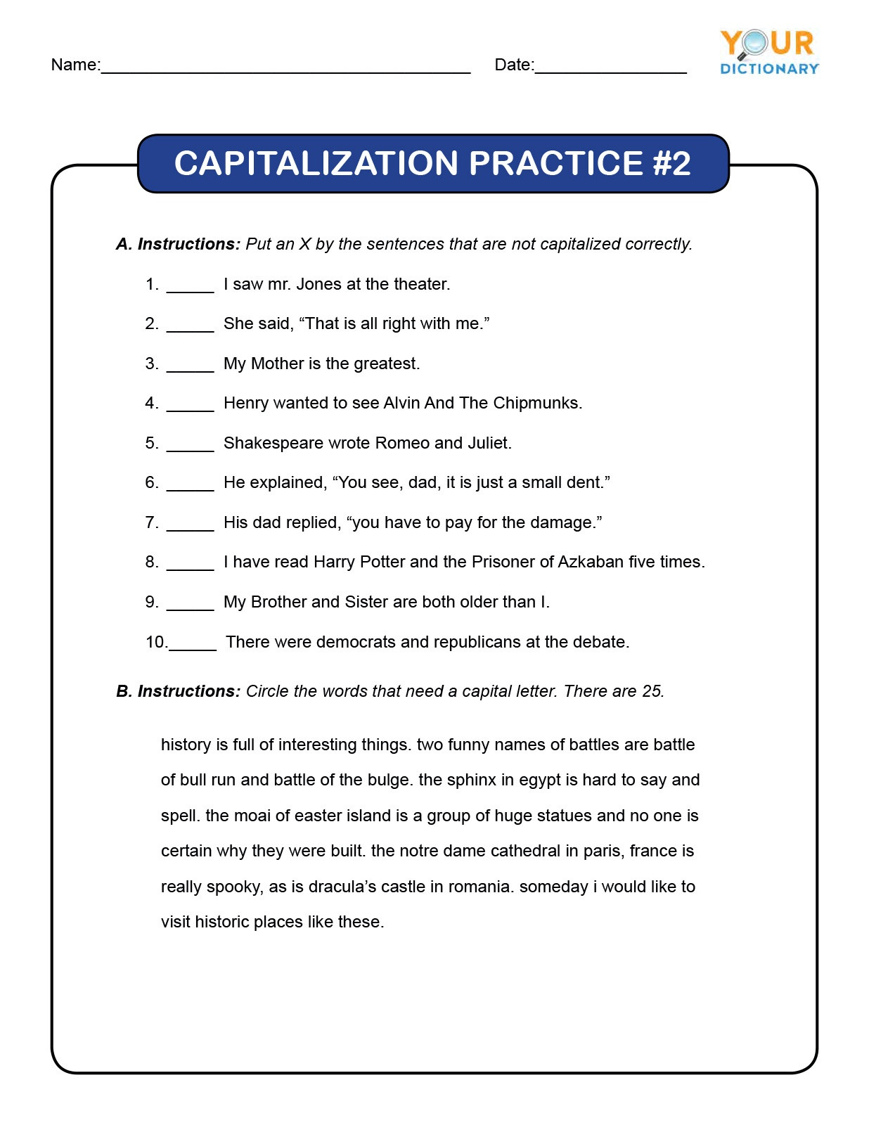 Capitalization Worksheets Grade 1 4th Grade Capitalization Worksheets