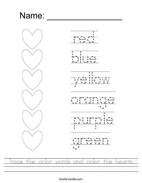 Color Word Worksheets for Kindergarten Trace the Color Words and Color the Hearts Worksheet