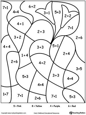 Coloring Addition Worksheet Color by Number Hearts
