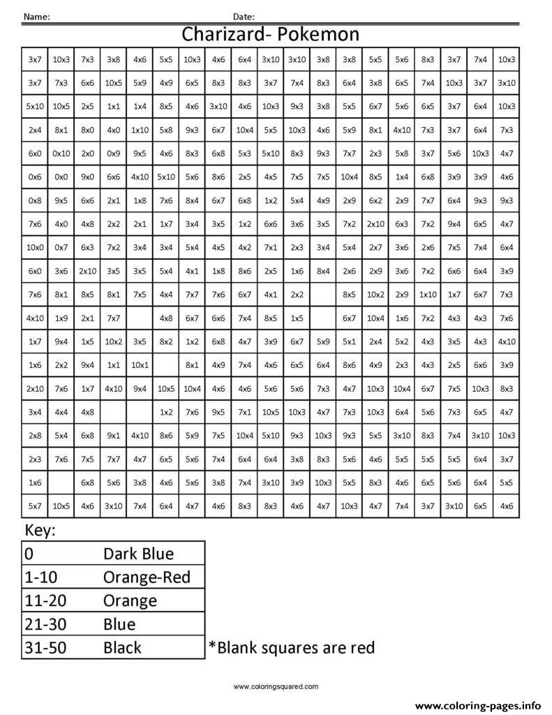 Coloring Squared Worksheets Charizard Basic Multiplication E Coloring Squared