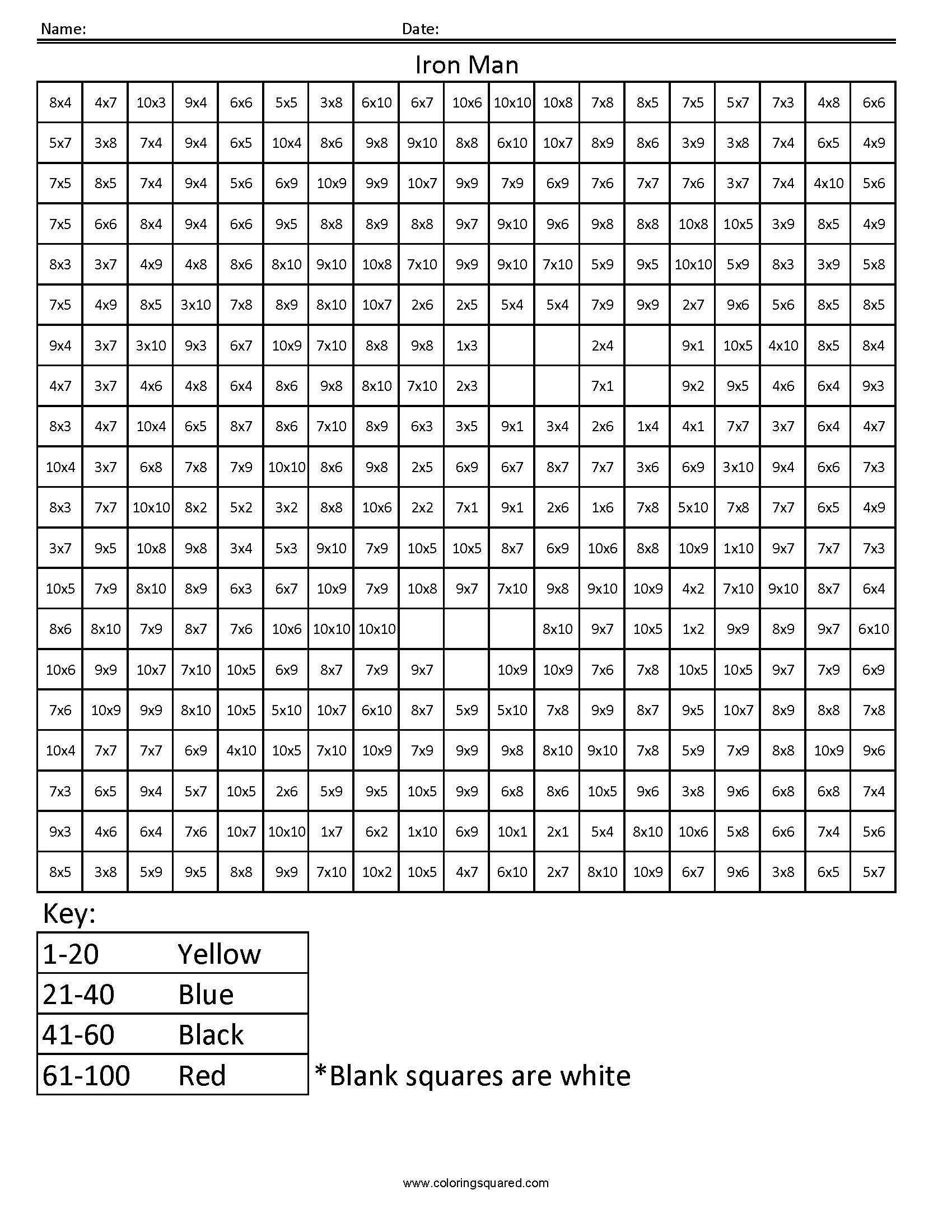 Coloring Squared Worksheets Iron Man Advanced Multiplication Coloring Squared