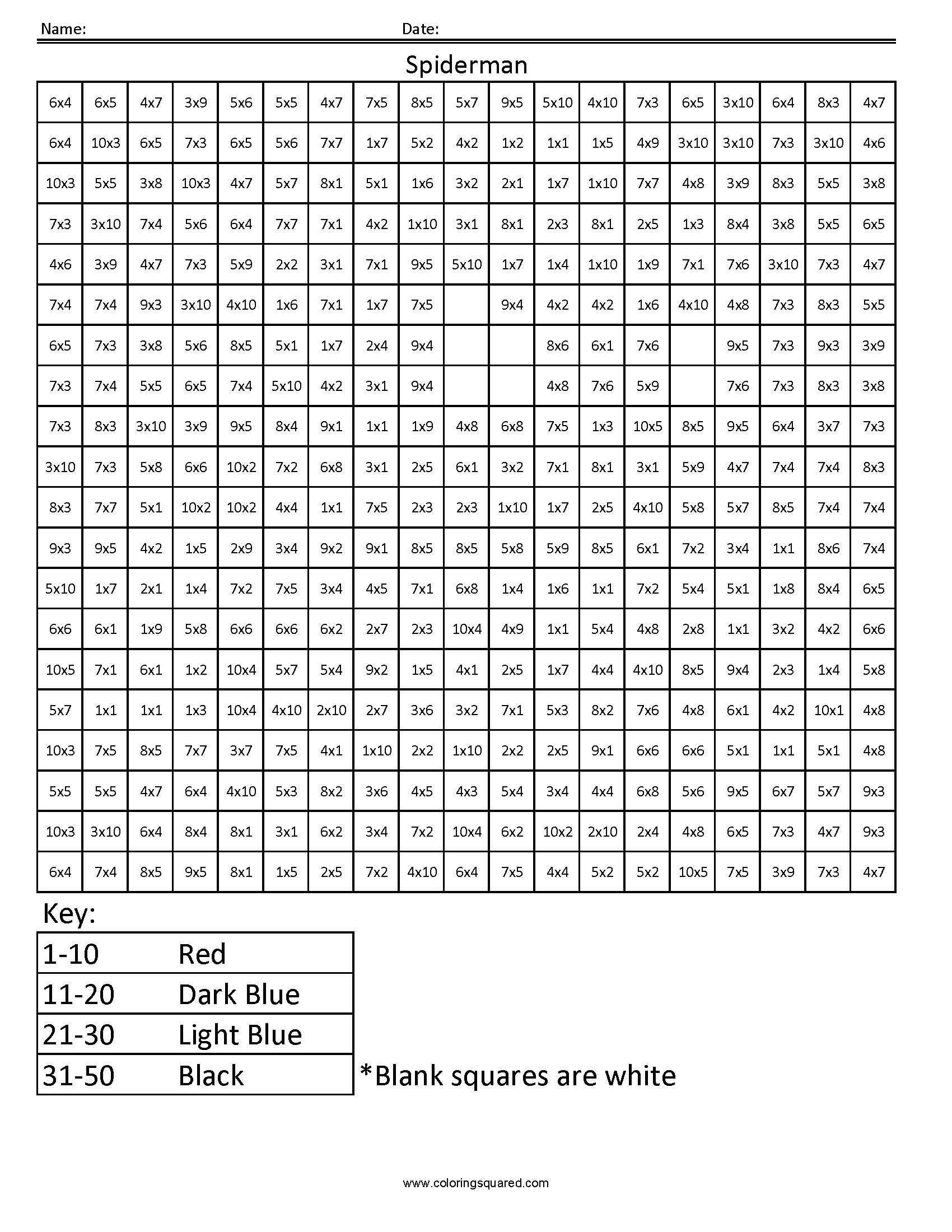 Coloring Squared Worksheets Spiderman Basic Multiplication