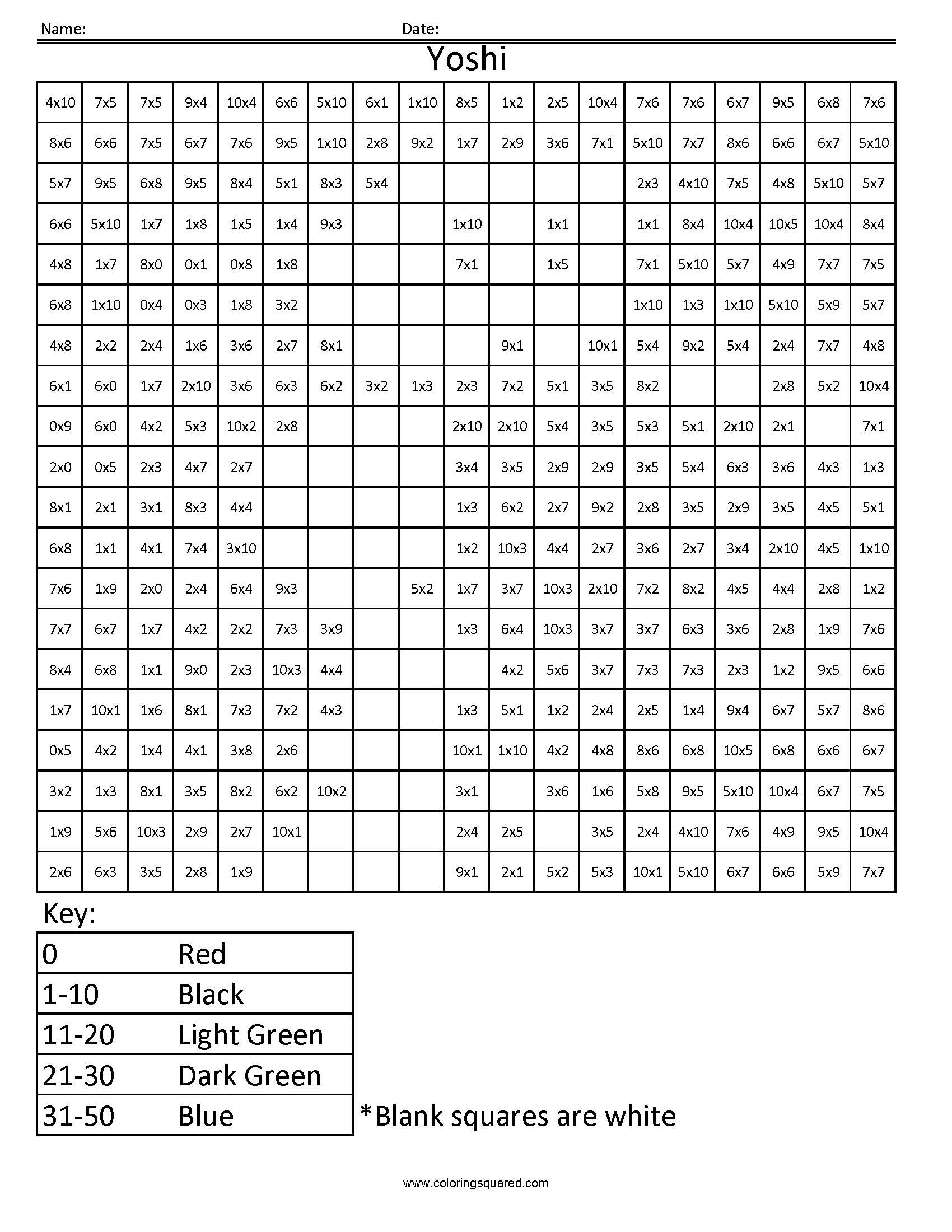 Coloring Squared Worksheets Yoshi Basic Multiplication Coloring Squared