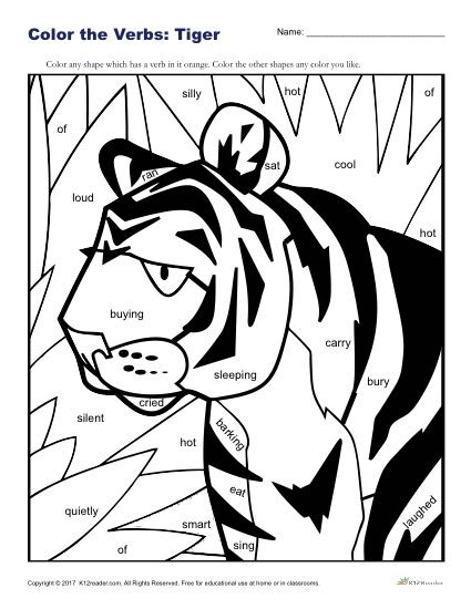 Coloring Worksheets for 2nd Grade Color the Tiger Printable 2nd Grade Verbs Activity Verb
