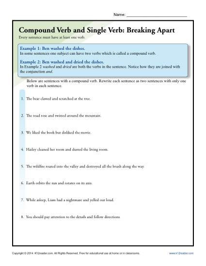 Combining Sentences Worksheet 5th Grade Pound Verb and Single Verb Breaking Apart