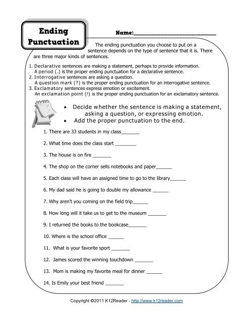 Commas Worksheet 3rd Grade Ending Punctuation Worksheet