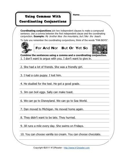 Commas Worksheet 3rd Grade Mas and Coordinating Conjunctions