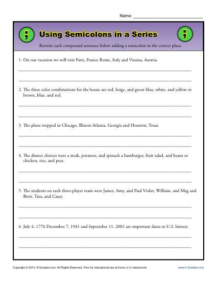 Commas Worksheet 3rd Grade Using Semicolons In A Series