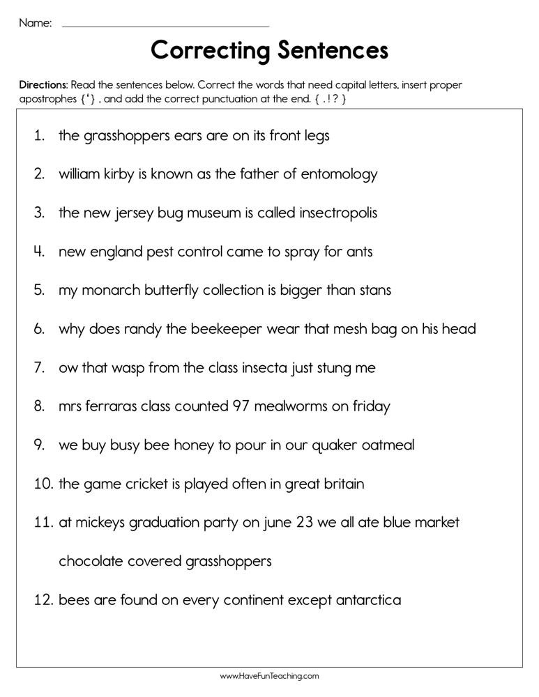 Commas Worksheet 5th Grade Correcting Sentences Worksheet