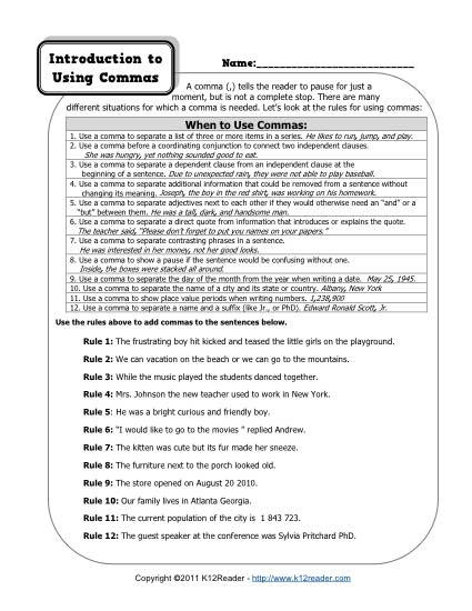 Commas Worksheet 5th Grade Intro to Using Mas