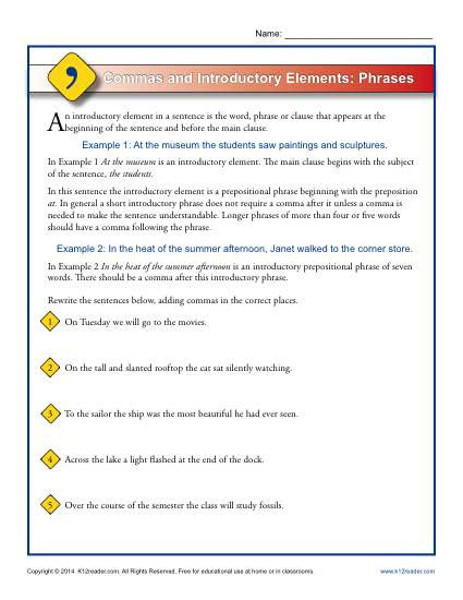 Commas Worksheet 5th Grade Mas and Introductory Elements Phrases