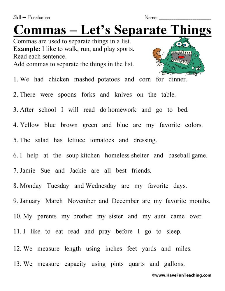 Commas Worksheets 5th Grade Let S Separate Things Ma Worksheet
