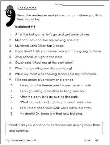 Commas Worksheets 5th Grade Ma Exercises
