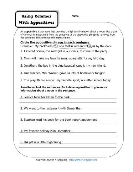Commas Worksheets 5th Grade Mas with Appositives