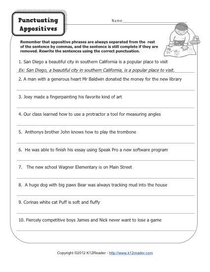 Commas Worksheets 5th Grade Punctuating Appositives
