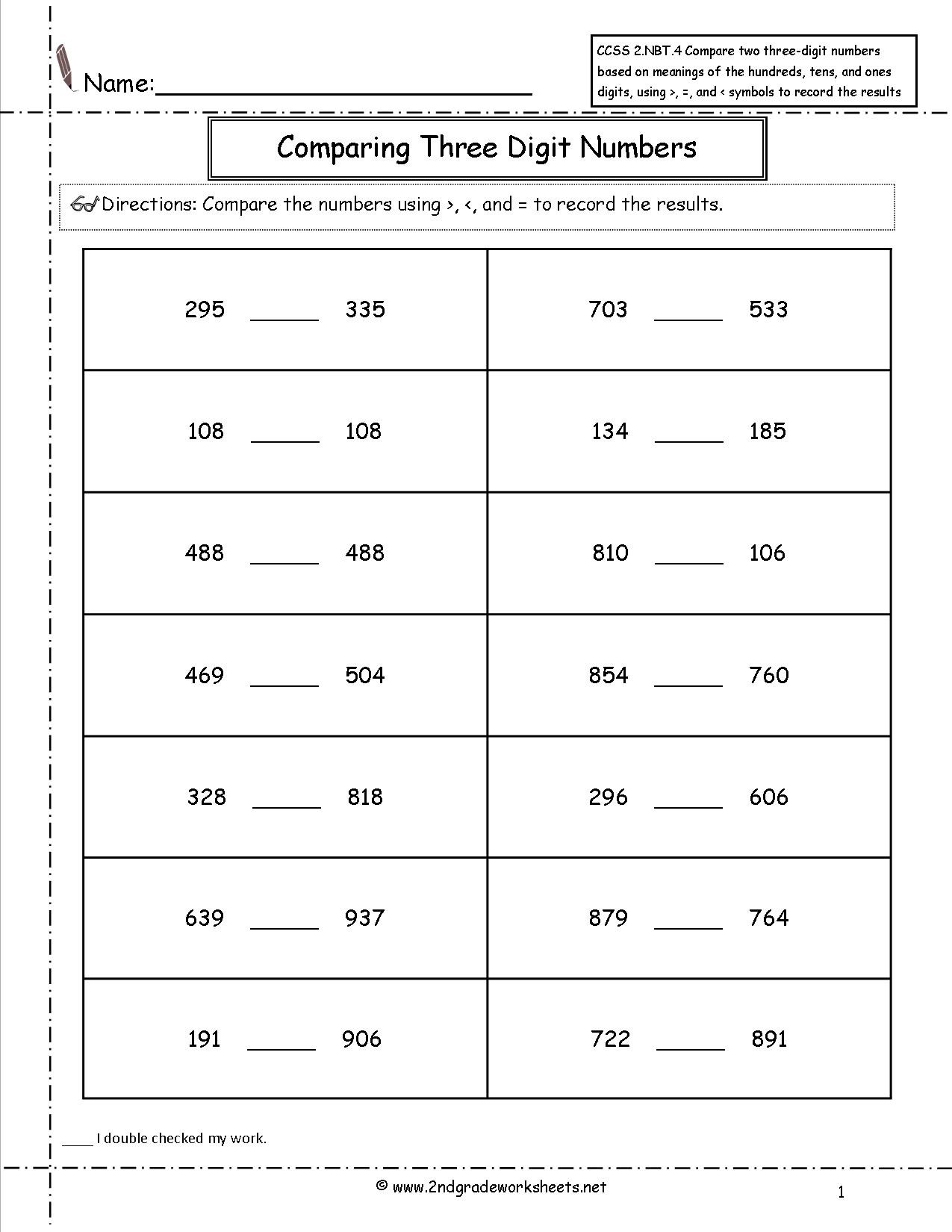 Comparing Numbers Worksheets 2nd Grade Ccss 2 Nbt 4 Worksheets Paring Three Digit Numbers