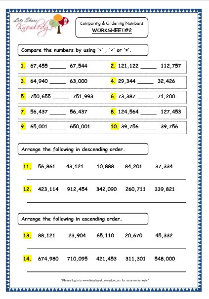 Comparing Numbers Worksheets 2nd Grade Grade 4 Maths Resources 1 2 Paring and ordering 5 and 6