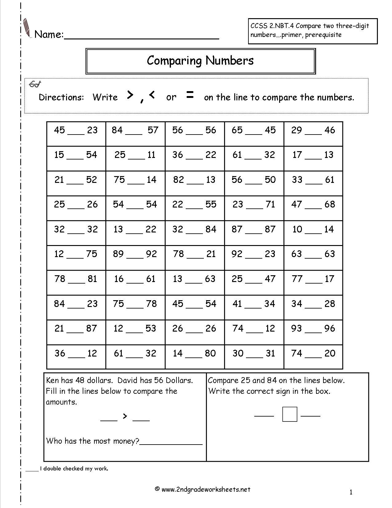 Comparing Numbers Worksheets 2nd Grade Paring Two and Three Digit Numbers Worksheets