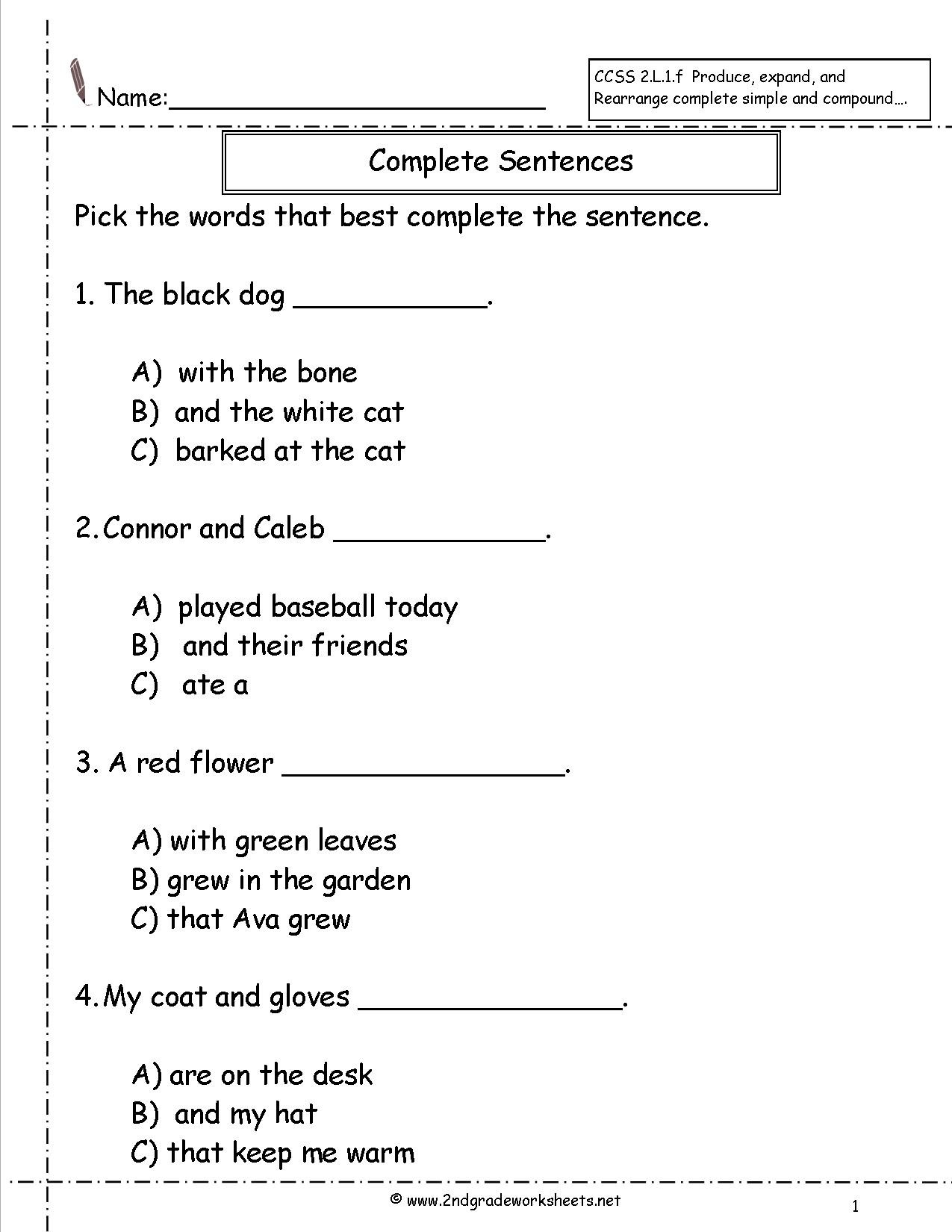 Complete Sentence Worksheets 3rd Grade Second Grade Sentences Worksheets Ccss 2 L 1 F Worksheets