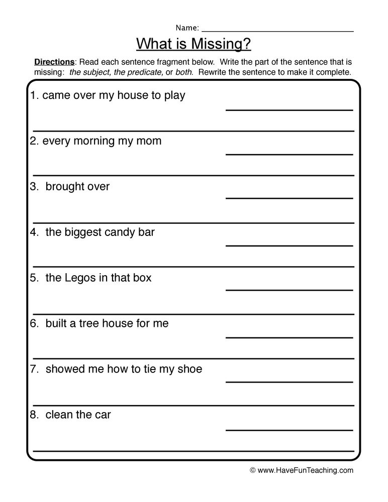 Complete Sentence Worksheets 4th Grade What is Missing Plete In Plete Sentences Worksheet