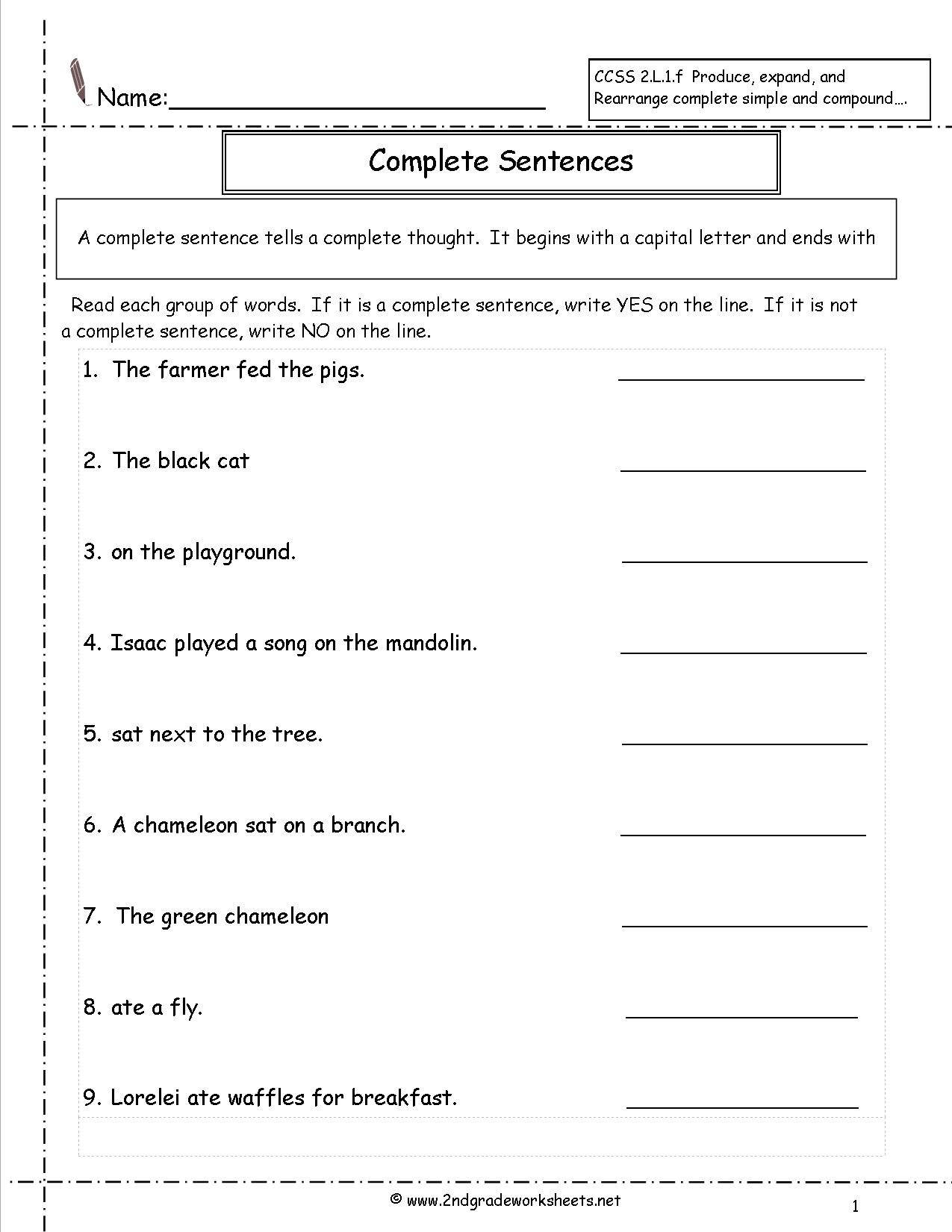 Complete Sentences Worksheet 1st Grade Second Grade Sentences Worksheets Ccss 2 L 1 F Worksheets
