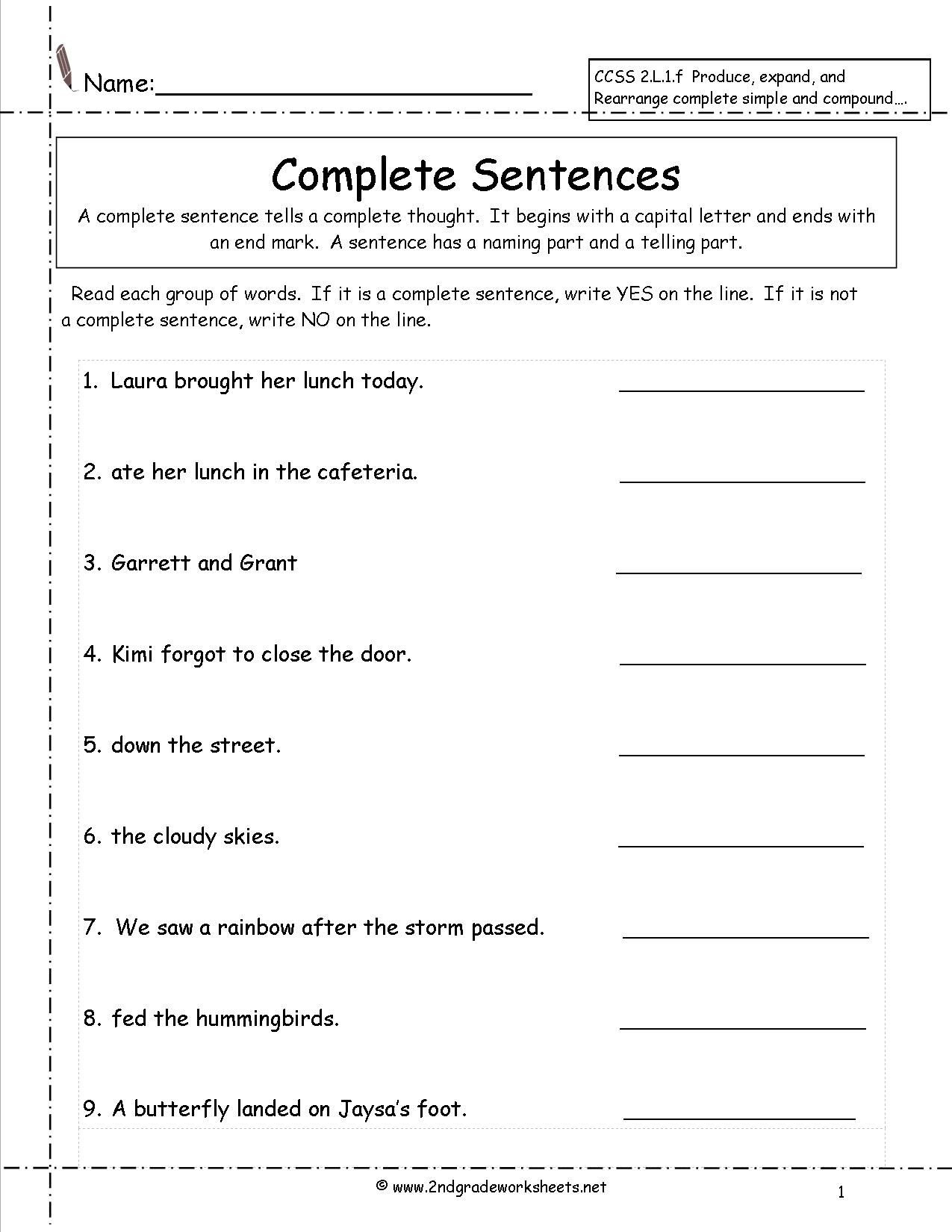 Complete Sentences Worksheet 1st Grade Second Grade Sentences Worksheets Ccss 2 L 1 F Worksheets
