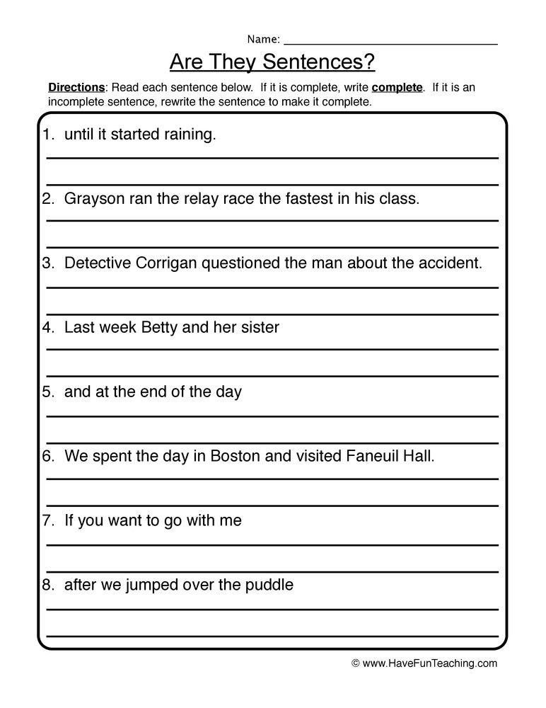 Complete Sentences Worksheet 4th Grade Creating Plete Sentences Worksheet