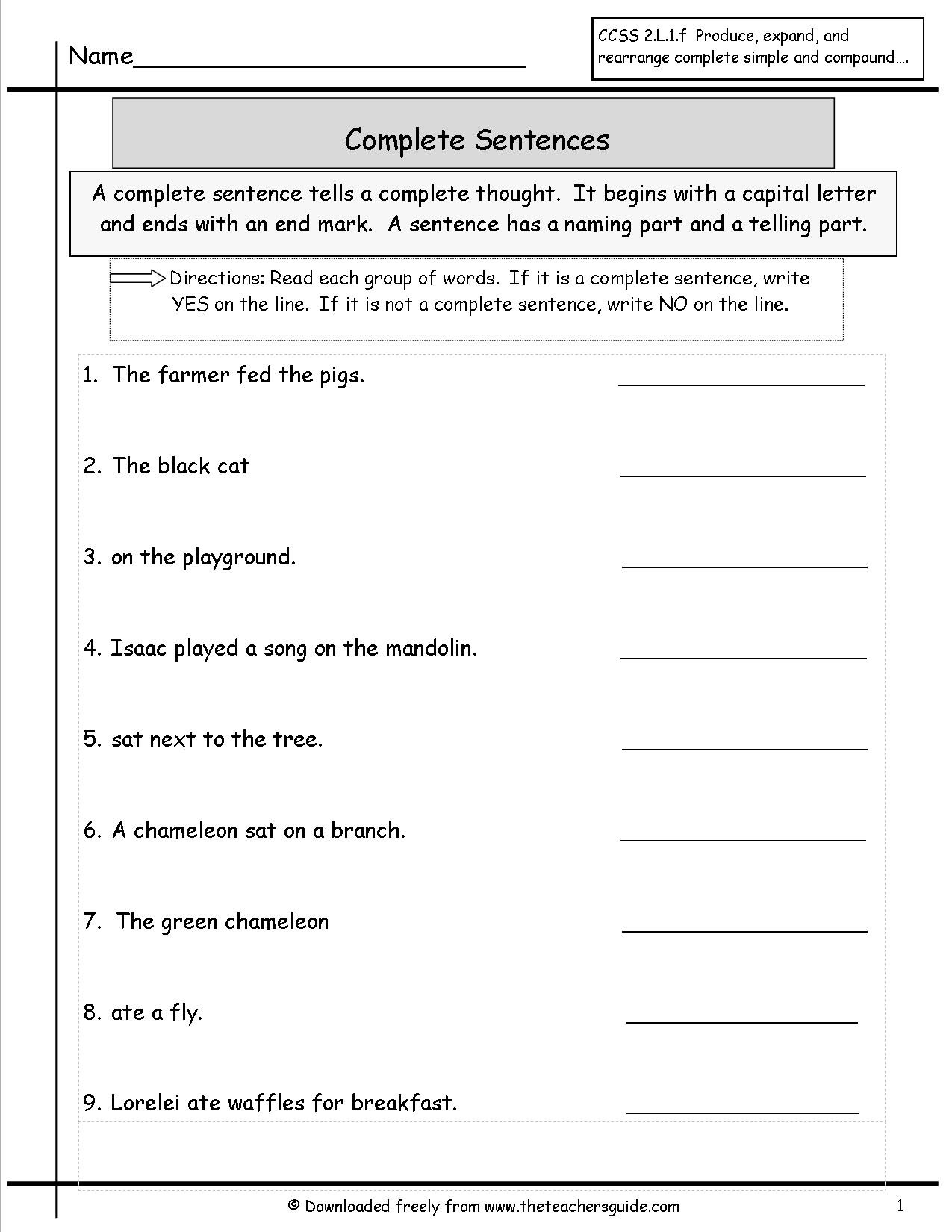 Complete Sentences Worksheets 3rd Grade Parts A Sentence Worksheet