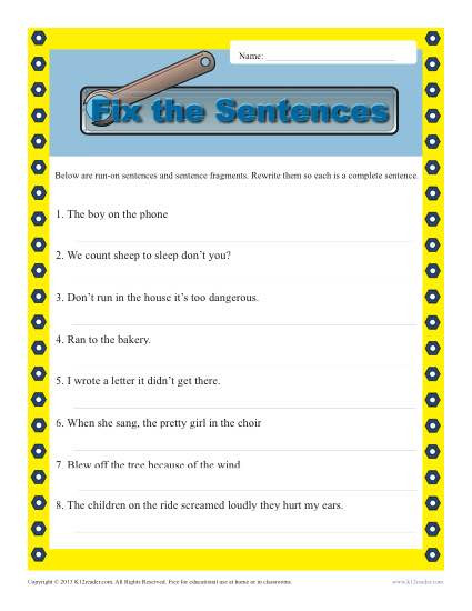 Complete Sentences Worksheets 4th Grade Run On and Fragments