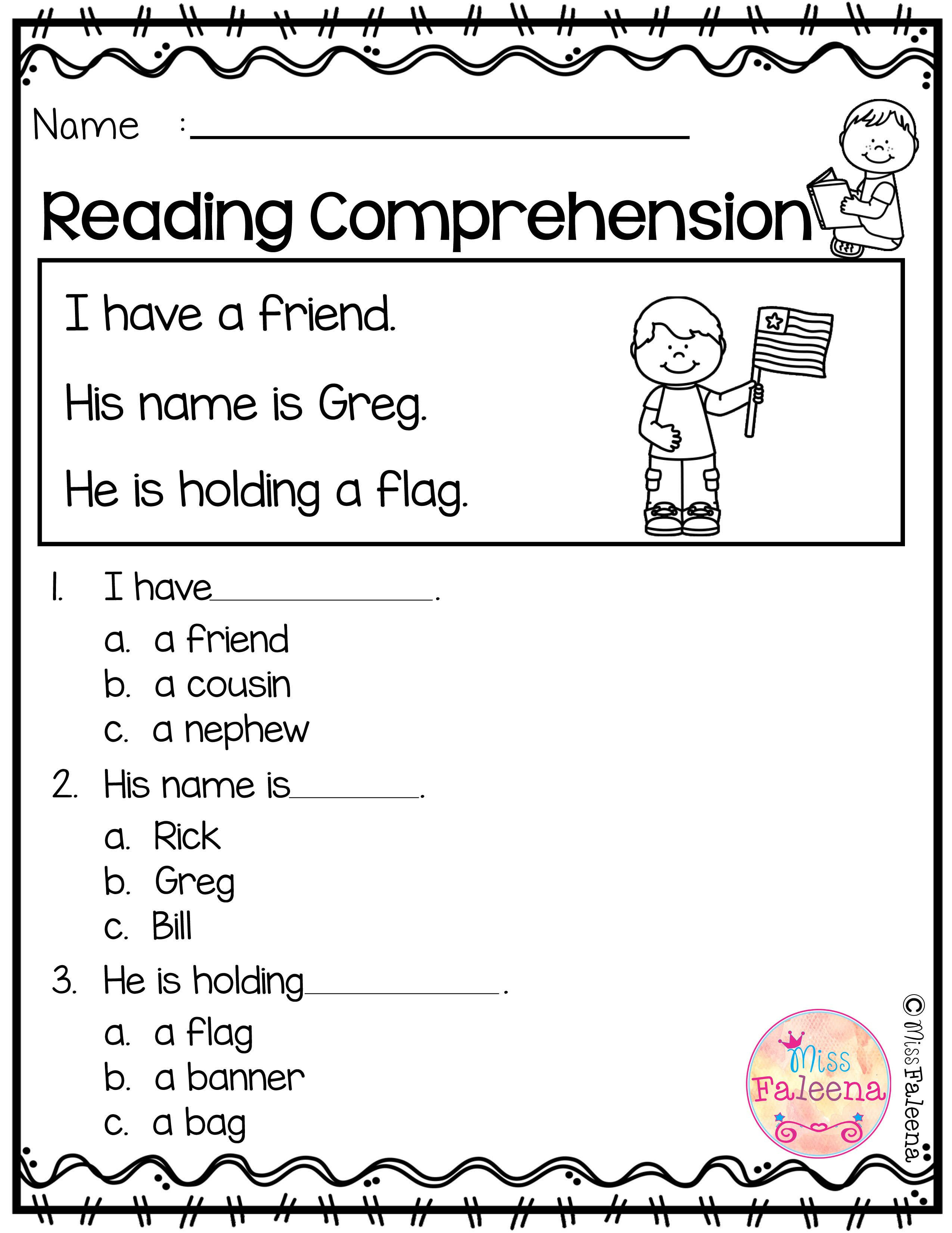 Comprehension Worksheets for Kindergarten Free Reading Prehension with Images