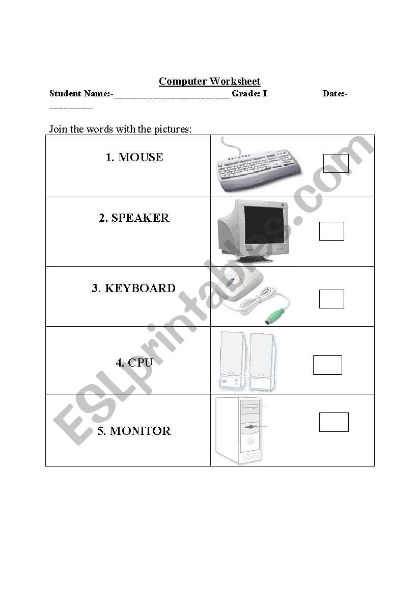 Computer Worksheets for Grade 1 English Worksheets Match the Puter Picture with Word