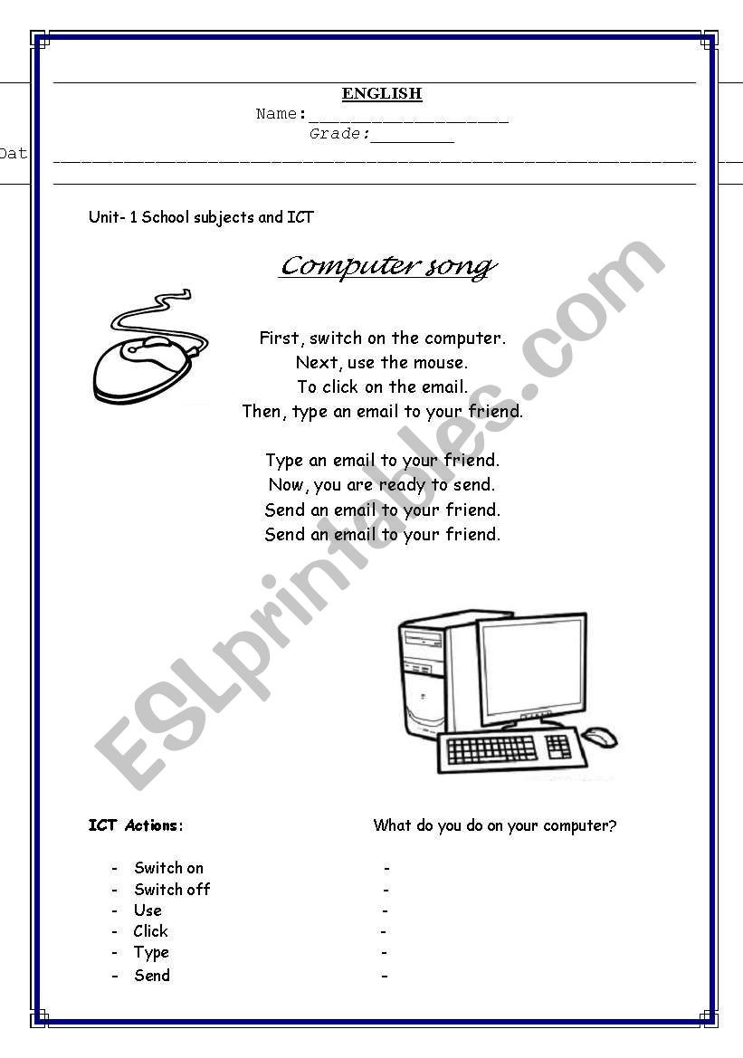 Computer Worksheets for Grade 1 English Worksheets Puter song