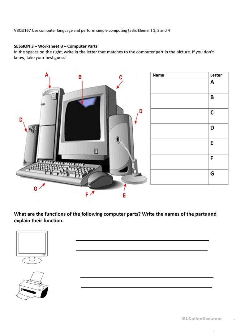 Computer Worksheets for Grade 1 Puter Parts and their Functions Worksheet Free Esl