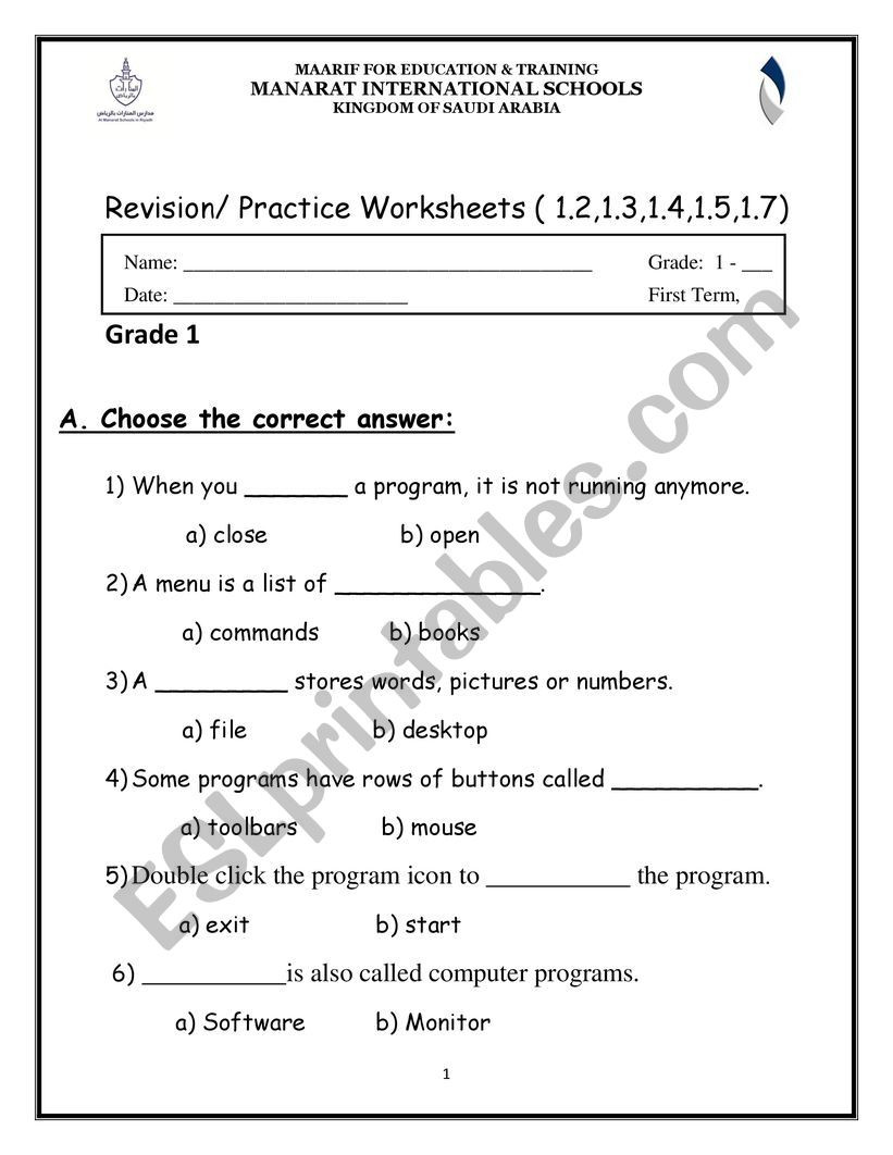 Computer Worksheets for Grade 1 Puter Worksheet Esl Worksheet by Rixxon23