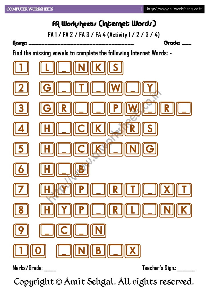 Computer Worksheets for Grade 1 Puter Worksheets Missing Vowels 2 Internet Words