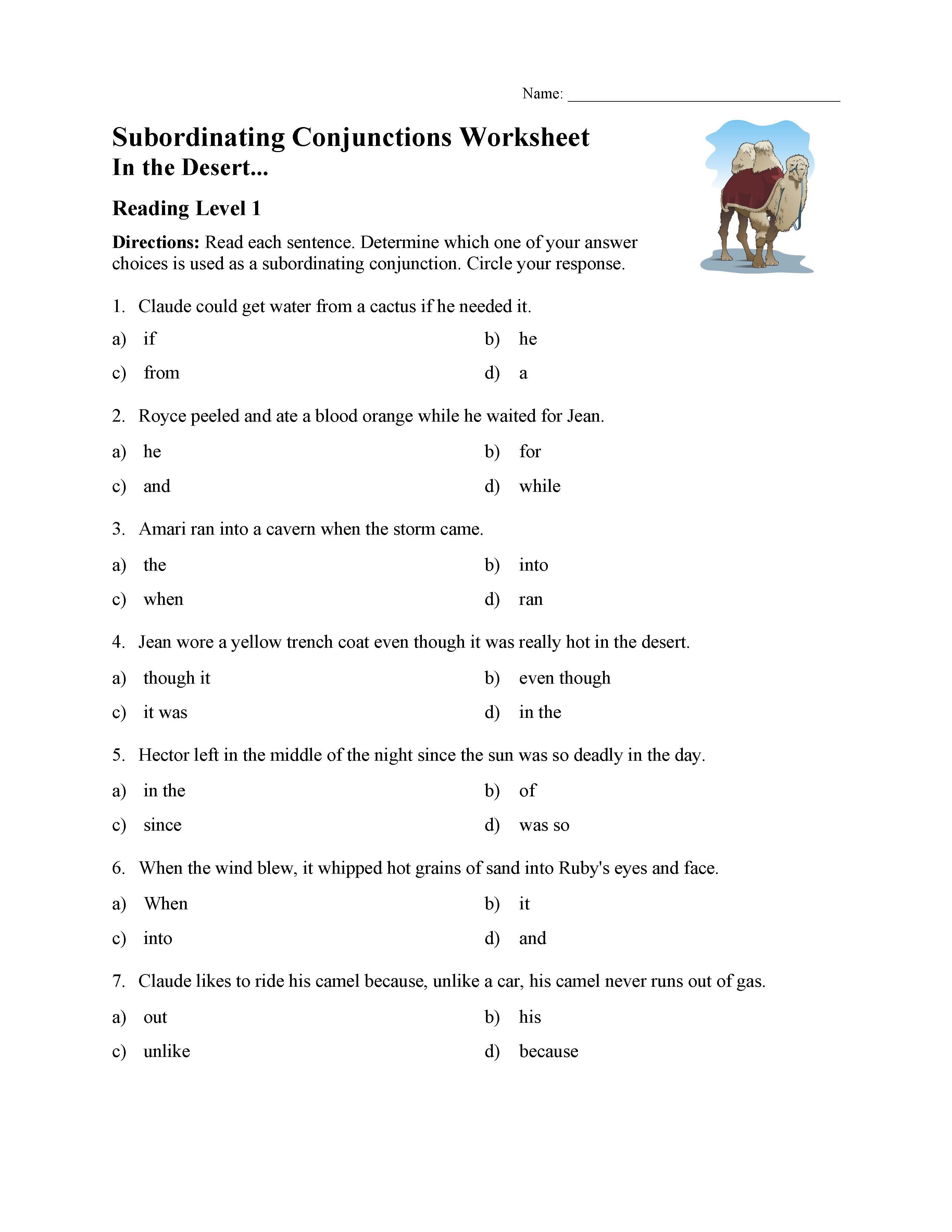 Conjunction Worksheet 3rd Grade Subordinating Conjunctions Worksheet Reading Level 1
