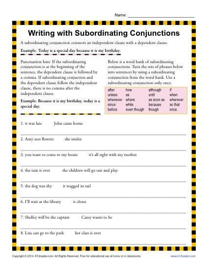 Conjunction Worksheet 3rd Grade Writing with Subordinating Conjunctions