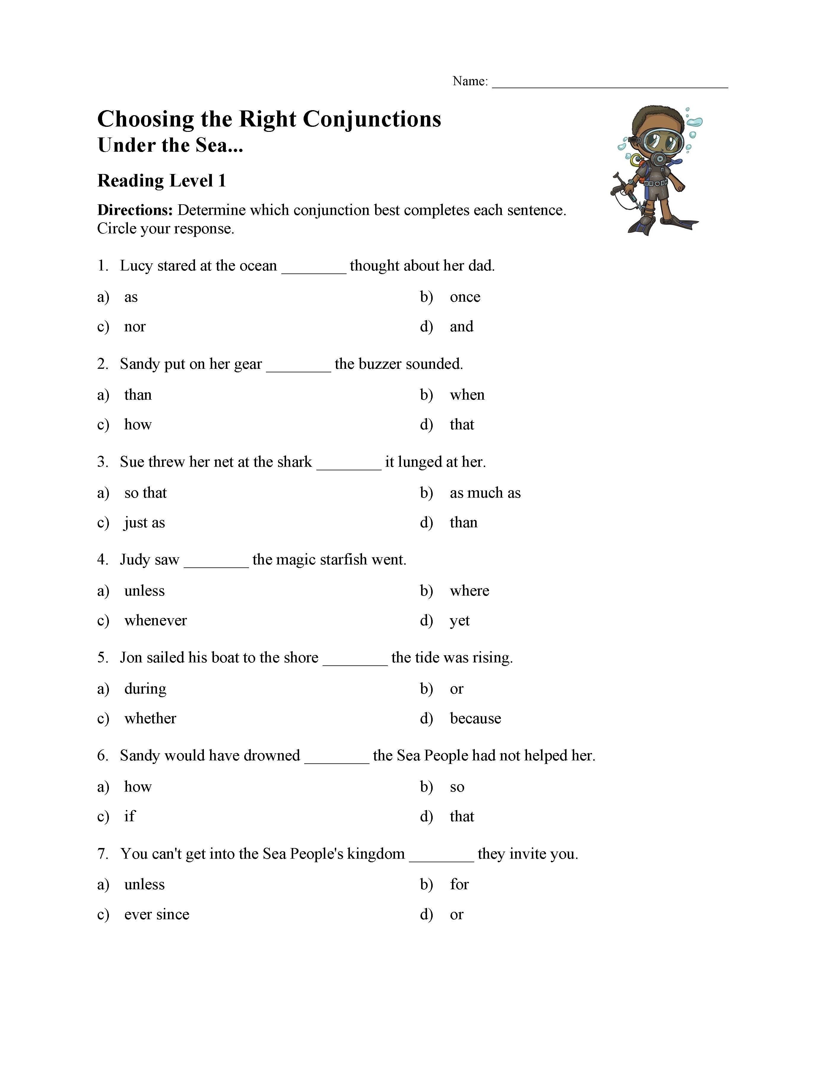 Conjunction Worksheet 5th Grade Choosing the Right Conjunction Worksheet Reading Level 1