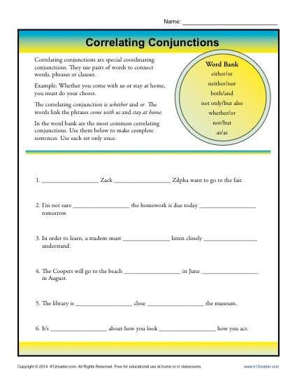 Conjunction Worksheet 5th Grade Correlative Conjunctions Worksheet