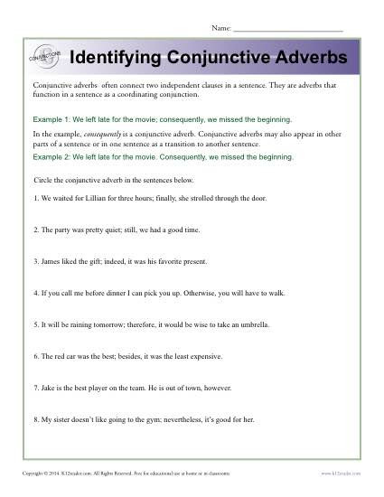 Conjunction Worksheet 5th Grade Identifying Conjunctive Adverbs