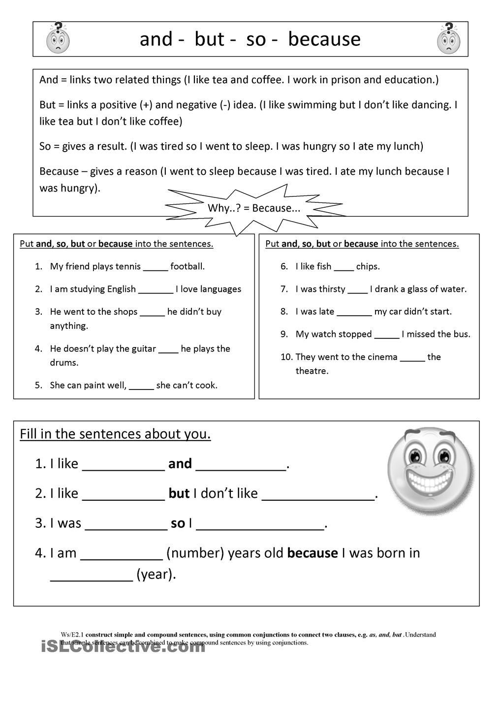 Conjunction Worksheets 6th Grade and so but because
