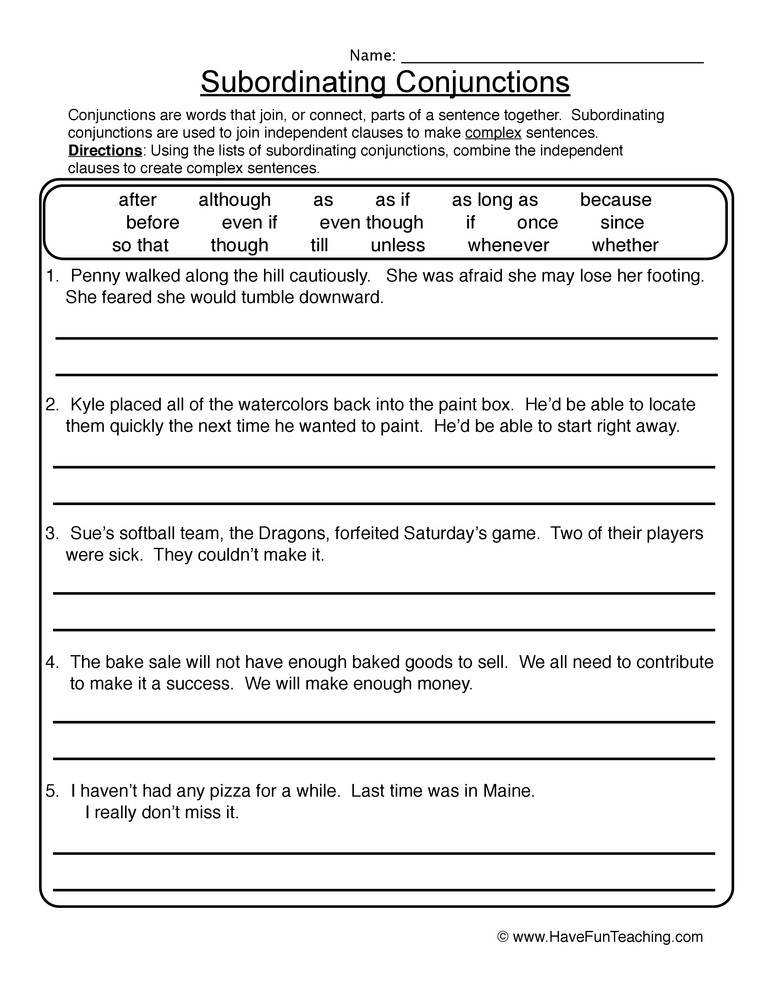 Conjunction Worksheets 6th Grade Subordinating Conjunctions Worksheet