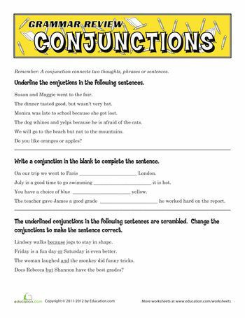 Conjunctions Worksheet 5th Grade Grammar Review Conjunctions