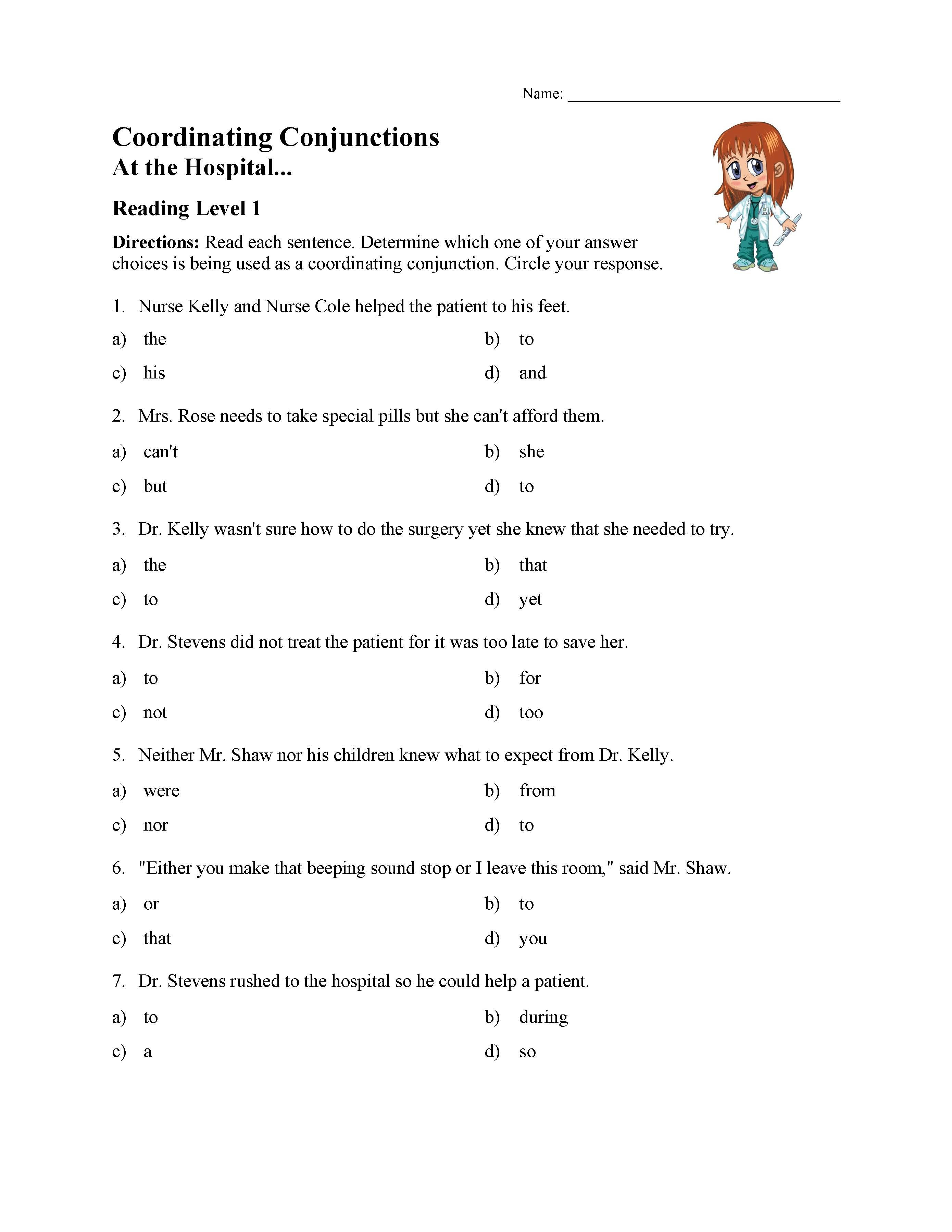 Conjunctions Worksheets 5th Grade Coordinating Conjunctions Worksheet Reading Level 1