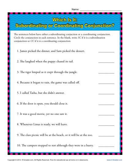 Conjunctions Worksheets 5th Grade Subordinating or Coordinating Conjunctions