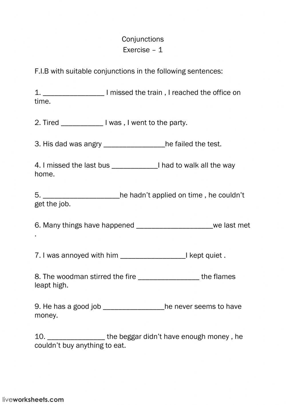 Conjunctions Worksheets for Grade 3 Conjunctions Interactive Worksheet