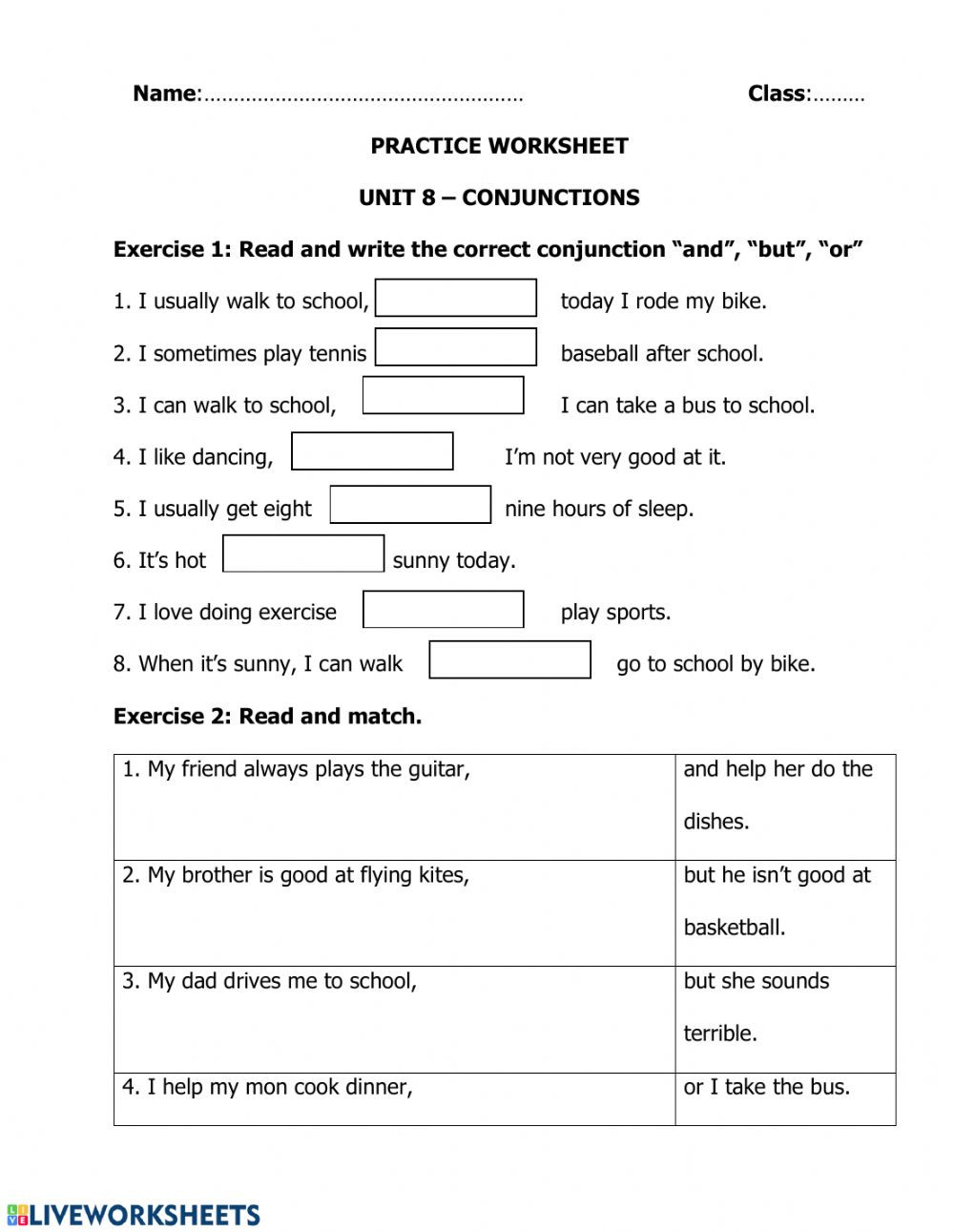 Conjunctions Worksheets for Grade 3 Conjunctions Practice Interactive Worksheet