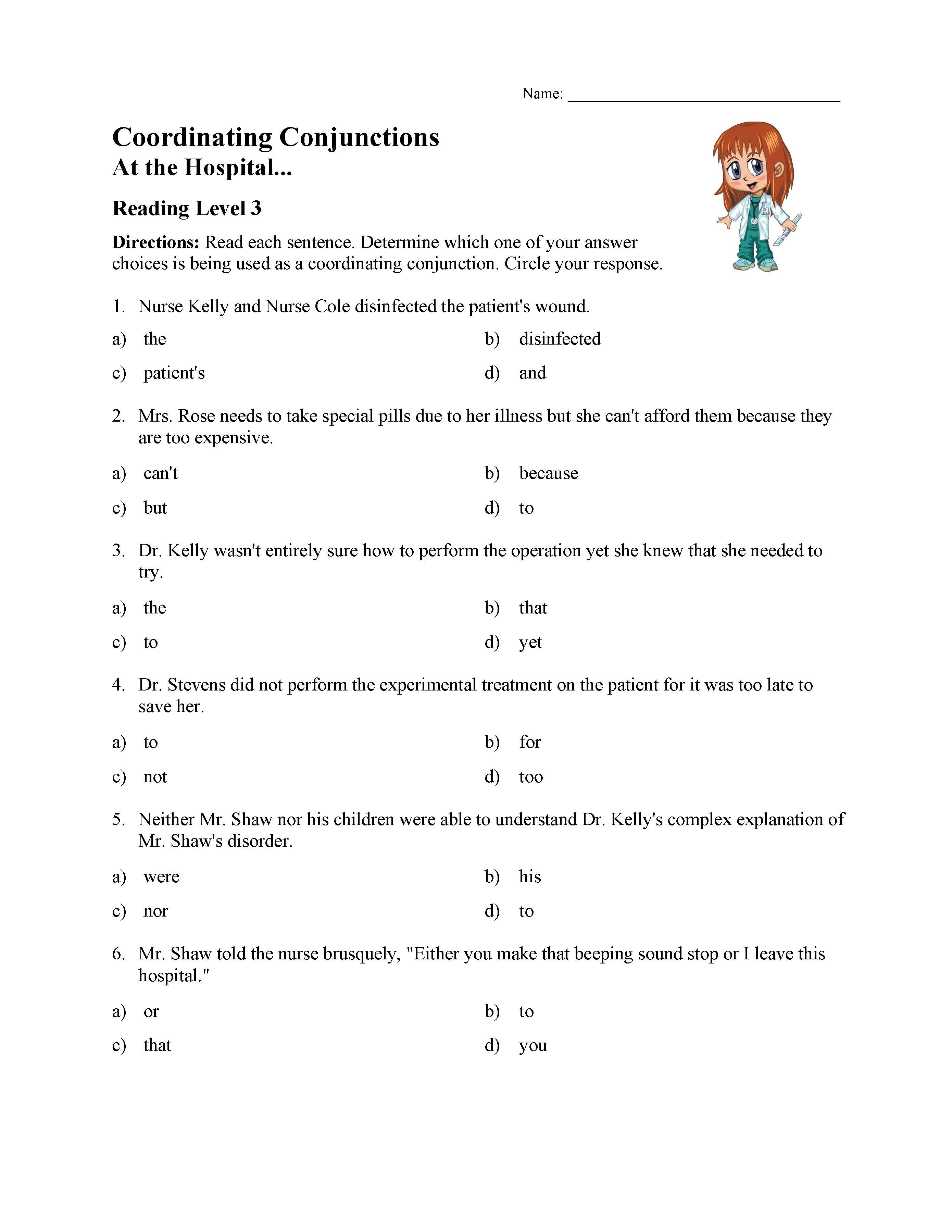 Conjunctions Worksheets for Grade 3 Coordinating Conjunctions Worksheet Reading Level 3