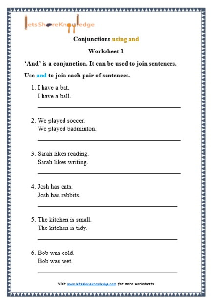Conjunctions Worksheets for Grade 3 Grade 1 Grammar Conjunctions Using and Printable