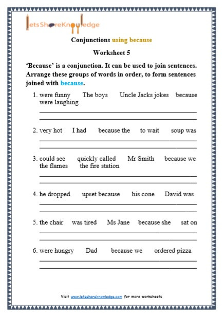 Conjunctions Worksheets for Grade 3 Grade 1 Grammar Conjunctions Using because Printable